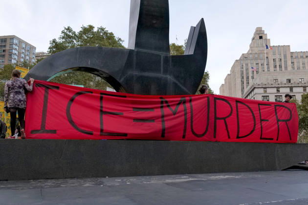 October 9, 2026, New York, New York, USA: Thousands protested the shooting of a man during an ICE operation in the Bronx.on Friday. Tonight s rally in Foley Square was followed by a march through Lower Manhattan streets. after an ICE agent shot 28 year old Oscar Bergal an alleged gang member with prior criminal records. The local.fury was fueled by the fact that the suspects 5 year old son was reportedly in the vehicle during the shooting. New York USA  - ZUMAh156 20261009_znp_h156_012 Copyright: xMiloxHessx