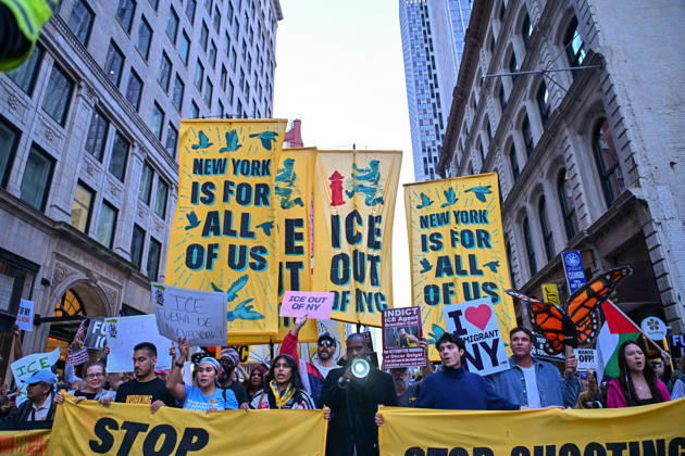Thousands of New York protesters rally against ICE after Bronx shooting NEW YORK, UNITED STATES - OCTOBER 9: Thousands of people gathered at Foley Square to demand the withdrawal of US Immigration and Customs Enforcement (ICE) from the city, a day after an ICE officer shot a Dominican Republic national in the neck in the Bronx in New York, United States on October 9, 2026. Waleed Zein Anadolu New York United States. Editorial use only. Please get in touch for any other usage. Copyright: x2026xAnadoluxWaleedxZeinx