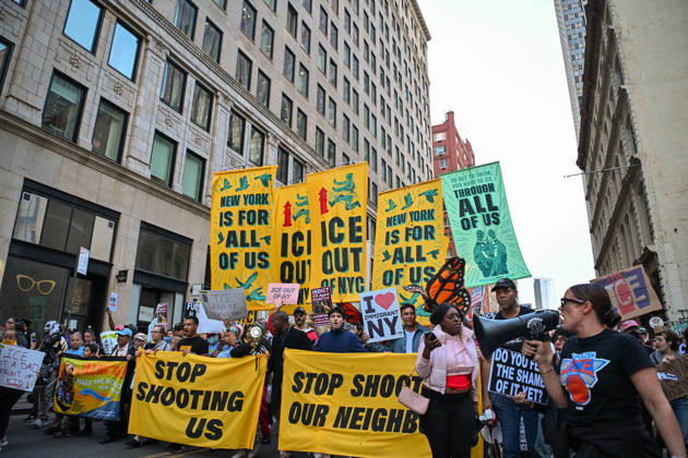 Thousands of New York protesters rally against ICE after Bronx shooting NEW YORK, UNITED STATES - OCTOBER 9: Thousands of people gathered at Foley Square to demand the withdrawal of US Immigration and Customs Enforcement (ICE) from the city, a day after an ICE officer shot a Dominican Republic national in the neck in the Bronx in New York, United States on October 9, 2026. Waleed Zein Anadolu New York United States. Editorial use only. Please get in touch for any other usage.  Copyright: x2026xAnadoluxWaleedxZeinx
