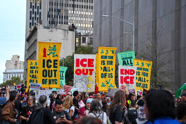 Thousands of New York protesters rally against ICE after Bronx shooting NEW YORK, UNITED STATES - OCTOBER 9: Thousands of people gathered at Foley Square to demand the withdrawal of US Immigration and Customs Enforcement (ICE) from the city, a day after an ICE officer shot a Dominican Republic national in the neck in the Bronx in New York, United States on October 9, 2026. Waleed Zein Anadolu New York United States. Editorial use only. Please get in touch for any other usage. Copyright: x2026xAnadoluxWaleedxZeinx