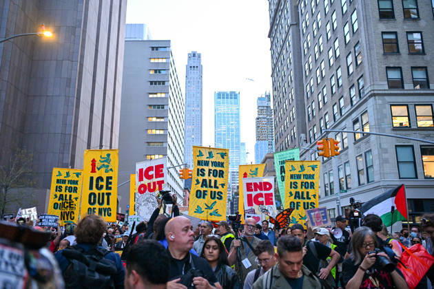 Thousands of New York protesters rally against ICE after Bronx shooting NEW YORK, UNITED STATES - OCTOBER 9: Thousands of people gathered at Foley Square to demand the withdrawal of US Immigration and Customs Enforcement (ICE) from the city, a day after an ICE officer shot a Dominican Republic national in the neck in the Bronx in New York, United States on October 9, 2026. Waleed Zein Anadolu New York United States. Editorial use only. Please get in touch for any other usage. Copyright: x2026xAnadoluxWaleedxZeinx