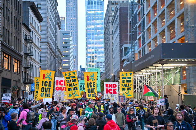 Thousands of New York protesters rally against ICE after Bronx shooting NEW YORK, UNITED STATES - OCTOBER 9: Thousands of people gathered at Foley Square to demand the withdrawal of US Immigration and Customs Enforcement (ICE) from the city, a day after an ICE officer shot a Dominican Republic national in the neck in the Bronx in New York, United States on October 9, 2026. Waleed Zein Anadolu New York United States. Editorial use only. Please get in touch for any other usage.  Copyright: x2026xAnadoluxWaleedxZeinx