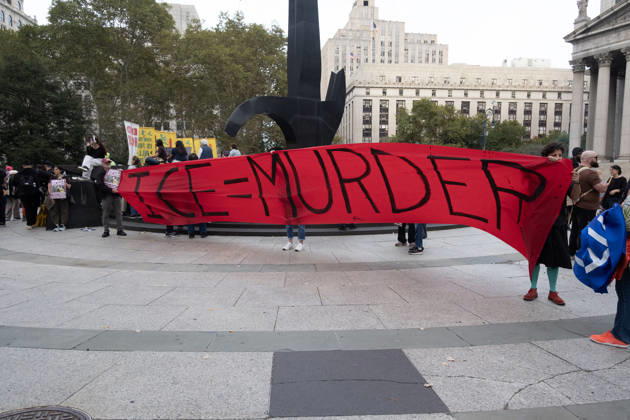October 9, 2026, New York City, New York, USA: FOLEY SQUARE, NEW YORK, UNITED STATES †OCTOBER 9, 2026: Demonstrators rally on Friday, October 9, 2026, at a protest titled â€oeICE SHOT A NEW YORKER.†The rally began in Foley Square in Lower Manhattan, across the street from ICE headquarters at 26 Federal Plaza. It followed the shooting of a 28-year-old Dominican national by an ICE agent in the Bronxâ€⠢s Marble Hill neighborhood on Thursday, October 8. Mayor Zohran Mamdani said preliminary information indicated that agents surrounded the man, identified as Oscar Belgal, and a 5-year-old child in his car before firing multiple rounds. The child was believed to be physically unharmed. According to DHS, Belgal was the targe - ZUMAt442 20261009_znp_t442_001 Copyright: xBillyxTompkinsx