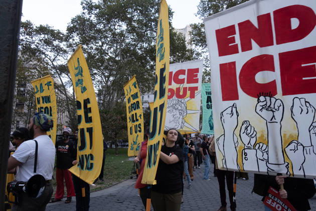 October 9, 2026, New York City, New York, USA: FOLEY SQUARE, NEW YORK, UNITED STATES †OCTOBER 9, 2026: Demonstrators rally on Friday, October 9, 2026, at a protest titled â€oeICE SHOT A NEW YORKER.†The rally began in Foley Square in Lower Manhattan, across the street from ICE headquarters at 26 Federal Plaza. It followed the shooting of a 28-year-old Dominican national by an ICE agent in the Bronxâ€⠢s Marble Hill neighborhood on Thursday, October 8. Mayor Zohran Mamdani said preliminary information indicated that agents surrounded the man, identified as Oscar Belgal, and a 5-year-old child in his car before firing multiple rounds. The child was believed to be physically unharmed. According to DHS, Belgal was the targe - ZUMAt442 20261009_znp_t442_003 Copyright: xBillyxTompkinsx