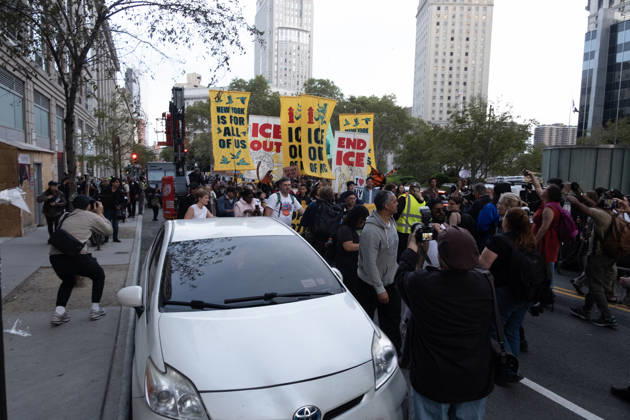 October 9, 2026, New York City, New York, USA: FOLEY SQUARE, NEW YORK, UNITED STATES †OCTOBER 9, 2026: Demonstrators rally on Friday, October 9, 2026, at a protest titled â€oeICE SHOT A NEW YORKER.†The rally began in Foley Square in Lower Manhattan, across the street from ICE headquarters at 26 Federal Plaza. It followed the shooting of a 28-year-old Dominican national by an ICE agent in the Bronxâ€⠢s Marble Hill neighborhood on Thursday, October 8. Mayor Zohran Mamdani said preliminary information indicated that agents surrounded the man, identified as Oscar Belgal, and a 5-year-old child in his car before firing multiple rounds. The child was believed to be physically unharmed. According to DHS, Belgal was the targe - ZUMAt442 20261009_znp_t442_004 Copyright: xBillyxTompkinsx
