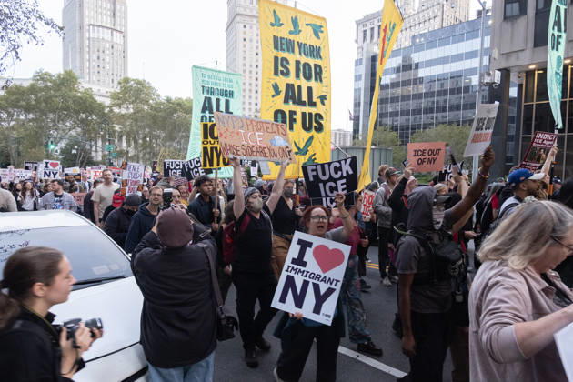 October 9, 2026, New York City, New York, USA: FOLEY SQUARE, NEW YORK, UNITED STATES †OCTOBER 9, 2026: Demonstrators rally on Friday, October 9, 2026, at a protest titled â€oeICE SHOT A NEW YORKER.†The rally began in Foley Square in Lower Manhattan, across the street from ICE headquarters at 26 Federal Plaza. It followed the shooting of a 28-year-old Dominican national by an ICE agent in the Bronxâ€⠢s Marble Hill neighborhood on Thursday, October 8. Mayor Zohran Mamdani said preliminary information indicated that agents surrounded the man, identified as Oscar Belgal, and a 5-year-old child in his car before firing multiple rounds. The child was believed to be physically unharmed. According to DHS, Belgal was the targe - ZUMAt442 20261009_znp_t442_005 Copyright: xBillyxTompkinsx