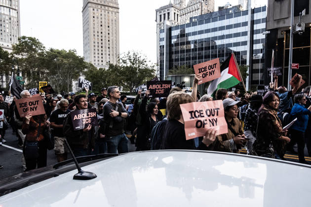 October 9, 2026, New York City, New York, USA: FOLEY SQUARE, NEW YORK, UNITED STATES †OCTOBER 9, 2026: Demonstrators rally on Friday, October 9, 2026, at a protest titled â€oeICE SHOT A NEW YORKER.†The rally began in Foley Square in Lower Manhattan, across the street from ICE headquarters at 26 Federal Plaza. It followed the shooting of a 28-year-old Dominican national by an ICE agent in the Bronxâ€⠢s Marble Hill neighborhood on Thursday, October 8. Mayor Zohran Mamdani said preliminary information indicated that agents surrounded the man, identified as Oscar Belgal, and a 5-year-old child in his car before firing multiple rounds. The child was believed to be physically unharmed. According to DHS, Belgal was the targe - ZUMAt442 20261009_znp_t442_006 Copyright: xBillyxTompkinsx