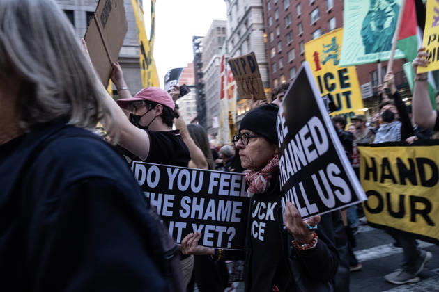 October 9, 2026, New York City, New York, USA: FOLEY SQUARE, NEW YORK, UNITED STATES †OCTOBER 9, 2026: Demonstrators rally on Friday, October 9, 2026, at a protest titled â€oeICE SHOT A NEW YORKER.†The rally began in Foley Square in Lower Manhattan, across the street from ICE headquarters at 26 Federal Plaza. It followed the shooting of a 28-year-old Dominican national by an ICE agent in the Bronxâ€⠢s Marble Hill neighborhood on Thursday, October 8. Mayor Zohran Mamdani said preliminary information indicated that agents surrounded the man, identified as Oscar Belgal, and a 5-year-old child in his car before firing multiple rounds. The child was believed to be physically unharmed. According to DHS, Belgal was the targe - ZUMAt442 20261009_znp_t442_008 Copyright: xBillyxTompkinsx