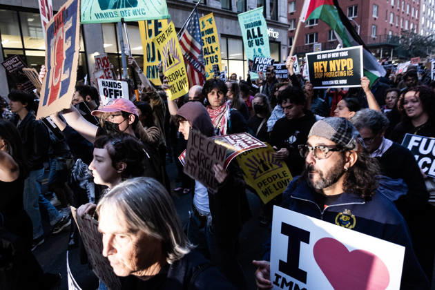 October 9, 2026, New York City, New York, USA: FOLEY SQUARE, NEW YORK, UNITED STATES †OCTOBER 9, 2026: Demonstrators rally on Friday, October 9, 2026, at a protest titled â€oeICE SHOT A NEW YORKER.†The rally began in Foley Square in Lower Manhattan, across the street from ICE headquarters at 26 Federal Plaza. It followed the shooting of a 28-year-old Dominican national by an ICE agent in the Bronxâ€⠢s Marble Hill neighborhood on Thursday, October 8. Mayor Zohran Mamdani said preliminary information indicated that agents surrounded the man, identified as Oscar Belgal, and a 5-year-old child in his car before firing multiple rounds. The child was believed to be physically unharmed. According to DHS, Belgal was the targe - ZUMAt442 20261009_znp_t442_009 Copyright: xBillyxTompkinsx
