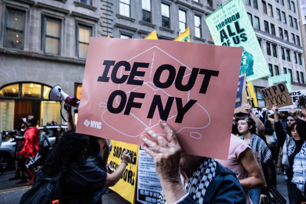October 9, 2026, New York City, New York, USA: FOLEY SQUARE, NEW YORK, UNITED STATES †OCTOBER 9, 2026: Demonstrators rally on Friday, October 9, 2026, at a protest titled â€oeICE SHOT A NEW YORKER.†The rally began in Foley Square in Lower Manhattan, across the street from ICE headquarters at 26 Federal Plaza. It followed the shooting of a 28-year-old Dominican national by an ICE agent in the Bronxâ€⠢s Marble Hill neighborhood on Thursday, October 8. Mayor Zohran Mamdani said preliminary information indicated that agents surrounded the man, identified as Oscar Belgal, and a 5-year-old child in his car before firing multiple rounds. The child was believed to be physically unharmed. According to DHS, Belgal was the targe - ZUMAt442 20261009_znp_t442_011 Copyright: xBillyxTompkinsx