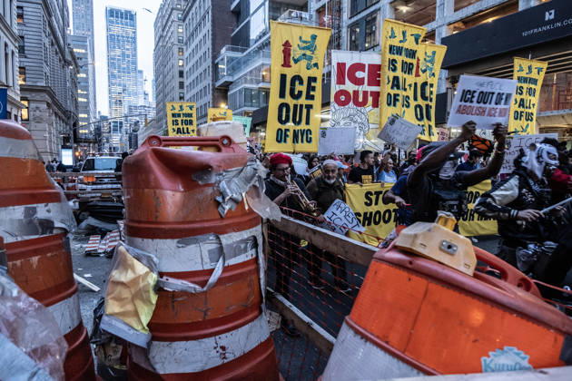 October 9, 2026, New York City, New York, USA: FOLEY SQUARE, NEW YORK, UNITED STATES †OCTOBER 9, 2026: Demonstrators rally on Friday, October 9, 2026, at a protest titled â€oeICE SHOT A NEW YORKER.†The rally began in Foley Square in Lower Manhattan, across the street from ICE headquarters at 26 Federal Plaza. It followed the shooting of a 28-year-old Dominican national by an ICE agent in the Bronxâ€⠢s Marble Hill neighborhood on Thursday, October 8. Mayor Zohran Mamdani said preliminary information indicated that agents surrounded the man, identified as Oscar Belgal, and a 5-year-old child in his car before firing multiple rounds. The child was believed to be physically unharmed. According to DHS, Belgal was the targe - ZUMAt442 20261009_znp_t442_012 Copyright: xBillyxTompkinsx