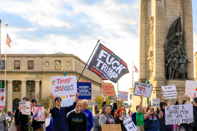 October 9, 2026, Syracuse, Ny, USA: Protestors turned out in oppostion to the Trump rally being held at the Oncenter. Syracuse USA  - ZUMAh195 20261009_znp_h195_008 Copyright: xAlexxHamerx