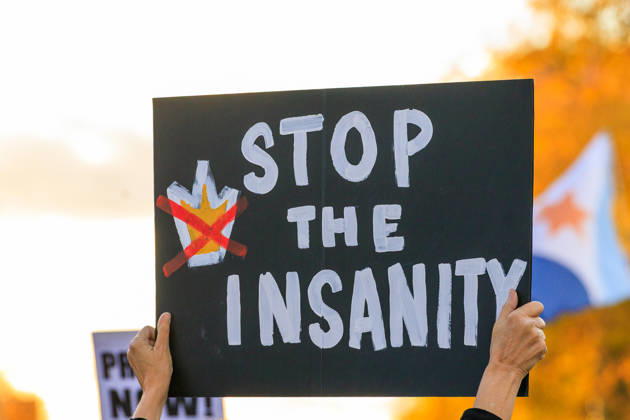 October 9, 2026, Syracuse, Ny, USA: A stop the insanity sign at the protest held in Clinton Square in Syracuse, NY. Syracuse USA  - ZUMAh195 20261009_znp_h195_013 Copyright: xAlexxHamerx