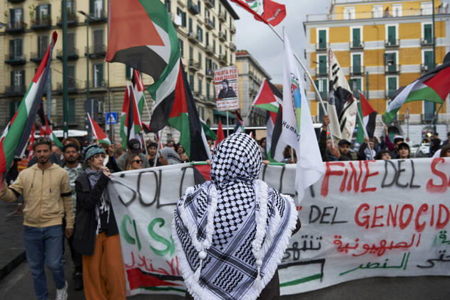 Pro-Palestine protests in Naples NAPLES, ITALY - OCTOBER 10: People take part in a protest during the Global Day of Action for Palestine in defence of the Palestinian people, to call for an arms embargo and sanctions against Israel in Naples, on October 10, 2026. Eliano Imperato Anadolu Naples Italy. Editorial use only. Please get in touch for any other usage.  Copyright: x2026xAnadoluxElianoxImperatox