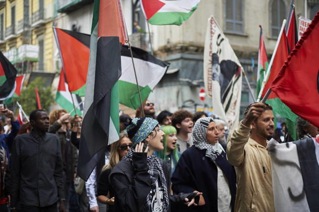 Pro-Palestine protests in Naples NAPLES, ITALY - OCTOBER 10: People take part in a protest during the Global Day of Action for Palestine in defence of the Palestinian people, to call for an arms embargo and sanctions against Israel in Naples, on October 10, 2026. Eliano Imperato Anadolu Naples Italy. Editorial use only. Please get in touch for any other usage.  Copyright: x2026xAnadoluxElianoxImperatox