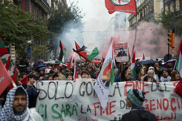 Pro-Palestine protests in Naples NAPLES, ITALY - OCTOBER 10: People take part in a protest during the Global Day of Action for Palestine in defence of the Palestinian people, to call for an arms embargo and sanctions against Israel in Naples, on October 10, 2026. Eliano Imperato Anadolu Naples Italy. Editorial use only. Please get in touch for any other usage.  Copyright: x2026xAnadoluxElianoxImperatox
