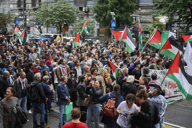 Pro-Palestine protests in Naples NAPLES, ITALY - OCTOBER 10: People take part in a protest during the Global Day of Action for Palestine in defence of the Palestinian people, to call for an arms embargo and sanctions against Israel in Naples, on October 10, 2026. Eliano Imperato Anadolu Naples Italy. Editorial use only. Please get in touch for any other usage.  Copyright: x2026xAnadoluxElianoxImperatox
