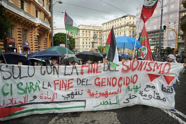 Pro-Palestine protests in Naples NAPLES, ITALY - OCTOBER 10: People take part in a protest during the Global Day of Action for Palestine in defence of the Palestinian people, to call for an arms embargo and sanctions against Israel in Naples, on October 10, 2026. Eliano Imperato Anadolu Naples Italy. Editorial use only. Please get in touch for any other usage.  Copyright: x2026xAnadoluxElianoxImperatox