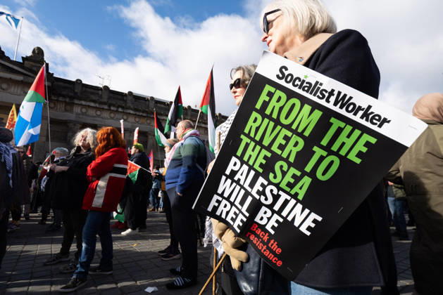 October 10, 2026, Edinburgh, Scotland, UK: Hundreds of people took part in a demonstration in Edinburgh organised by pro-Palestine groups Gaza Genocide Emergency Committee and Stop the War Scotland to mark the third anniversary of the 7 October 2023 Hamas-led attacks on Israel and the subsequent war in Gaza. The demonstration formed part of what organisers described as the first fully coordinated global day of protests for Palestine, with participants calling on the UK Government to end all arms sales to Israel and impose full sanctions. Edinburgh UK - ZUMAs357 20261010_zip_s357_006 Copyright: xCameronxScottx