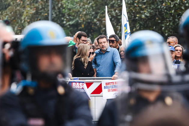 IPA89501383 - Milan: The League™s protest, A Safer Milan, Stop the Social Centers, against the Lambretta Social Center on Via Rizzoli. Pictured: Silvia Sardone (Member of the European Parliament, Lega mayoral candidate in the Milan municipal elections), Matteo Salvini (Lega leader, Italian Minister of Infrastructure and Transportation)  Copyright: xAlessandroxBremecx xx IPA89501383