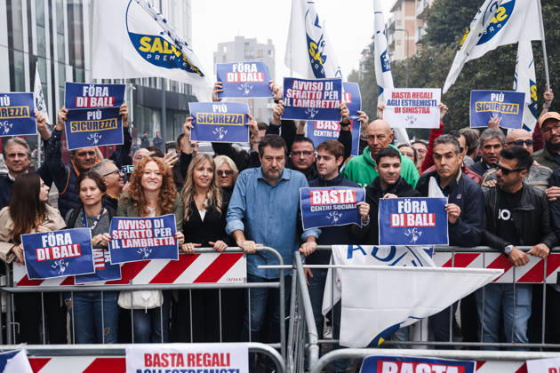 IPA89501884 - Milan: The League™s protest, A Safer Milan, Stop the Social Centers, against the Lambretta Social Center on Via Rizzoli. Pictured: Silvia Sardone (Member of the European Parliament, Lega mayoral candidate in the Milan municipal elections), Matteo Salvini (Lega leader, Italian Minister of Infrastructure and Transportation)  Copyright: xAlessandroxBremecx xx IPA89501884
