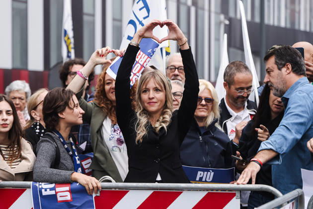 IPA89501878 - Milan: The League™s rally, A Safer Milan, Stop the Social Centers, against the Lambretta Social Center on Via Rizzoli. Pictured: Silvia Sardone (Member of the European Parliament, the League™s mayoral candidate in the Milan municipal elections) Copyright: xAlessandroxBremecx xx IPA89501878
