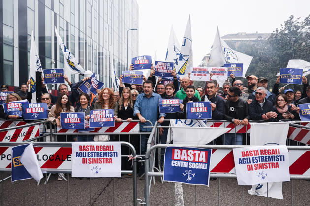 IPA89501881 - Milan: The League™s protest, A Safer Milan, Stop the Social Centers, against the Lambretta Social Center on Via Rizzoli. Pictured: Silvia Sardone (Member of the European Parliament, Lega mayoral candidate in the Milan municipal elections), Matteo Salvini (Lega leader, Italian Minister of Infrastructure and Transportation) Copyright: xAlessandroxBremecx xx IPA89501881