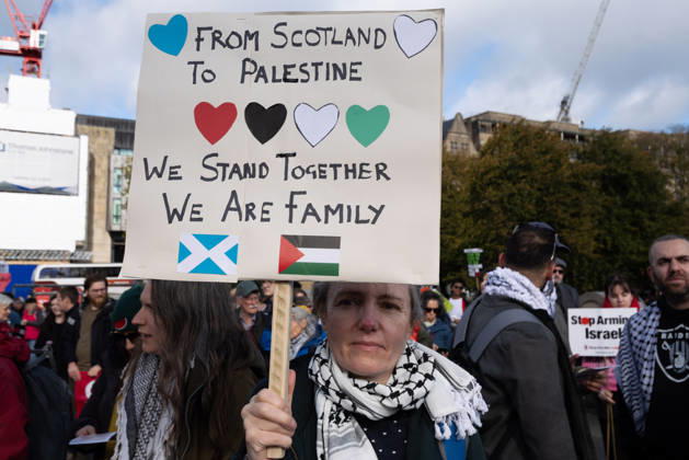 October 10, 2026, Edinburgh, Scotland, UK: Hundreds of people took part in a demonstration in Edinburgh organised by pro-Palestine groups Gaza Genocide Emergency Committee and Stop the War Scotland to mark the third anniversary of the 7 October 2023 Hamas-led attacks on Israel and the subsequent war in Gaza. The demonstration formed part of what organisers described as the first fully coordinated global day of protests for Palestine, with participants calling on the UK Government to end all arms sales to Israel and impose full sanctions. Edinburgh UK - ZUMAs357 20261010_zip_s357_005 Copyright: xCameronxScottx