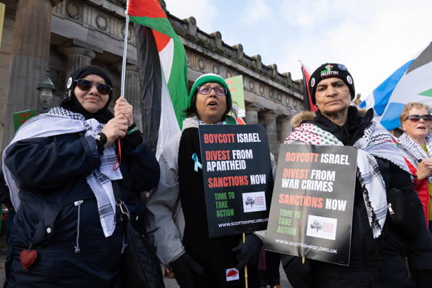 October 10, 2026, Edinburgh, Scotland, UK: Hundreds of people took part in a demonstration in Edinburgh organised by pro-Palestine groups Gaza Genocide Emergency Committee and Stop the War Scotland to mark the third anniversary of the 7 October 2023 Hamas-led attacks on Israel and the subsequent war in Gaza. The demonstration formed part of what organisers described as the first fully coordinated global day of protests for Palestine, with participants calling on the UK Government to end all arms sales to Israel and impose full sanctions. Edinburgh UK - ZUMAs357 20261010_zip_s357_007 Copyright: xCameronxScottx