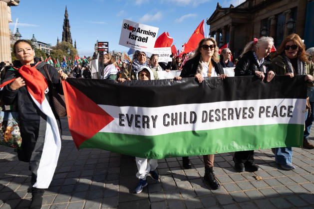 October 10, 2026, Edinburgh, Scotland, UK: Hundreds of people took part in a demonstration in Edinburgh organised by pro-Palestine groups Gaza Genocide Emergency Committee and Stop the War Scotland to mark the third anniversary of the 7 October 2023 Hamas-led attacks on Israel and the subsequent war in Gaza. The demonstration formed part of what organisers described as the first fully coordinated global day of protests for Palestine, with participants calling on the UK Government to end all arms sales to Israel and impose full sanctions. Edinburgh UK - ZUMAs357 20261010_zip_s357_010 Copyright: xCameronxScottx
