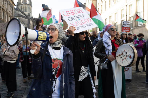 October 10, 2026, Edinburgh, Scotland, UK: Hundreds of people took part in a demonstration in Edinburgh organised by pro-Palestine groups Gaza Genocide Emergency Committee and Stop the War Scotland to mark the third anniversary of the 7 October 2023 Hamas-led attacks on Israel and the subsequent war in Gaza. The demonstration formed part of what organisers described as the first fully coordinated global day of protests for Palestine, with participants calling on the UK Government to end all arms sales to Israel and impose full sanctions. Edinburgh UK - ZUMAs357 20261010_zip_s357_015 Copyright: xCameronxScottx