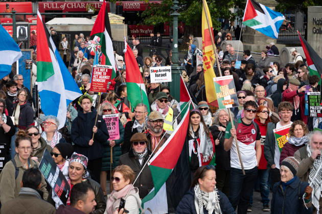October 10, 2026, Edinburgh, Scotland, UK: Hundreds of people took part in a demonstration in Edinburgh organised by pro-Palestine groups Gaza Genocide Emergency Committee and Stop the War Scotland to mark the third anniversary of the 7 October 2023 Hamas-led attacks on Israel and the subsequent war in Gaza. The demonstration formed part of what organisers described as the first fully coordinated global day of protests for Palestine, with participants calling on the UK Government to end all arms sales to Israel and impose full sanctions. Edinburgh UK - ZUMAs357 20261010_zip_s357_020 Copyright: xCameronxScottx