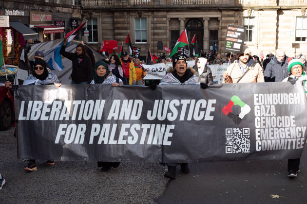 October 10, 2026, Edinburgh, Scotland, UK: Hundreds of people took part in a demonstration in Edinburgh organised by pro-Palestine groups Gaza Genocide Emergency Committee and Stop the War Scotland to mark the third anniversary of the 7 October 2023 Hamas-led attacks on Israel and the subsequent war in Gaza. The demonstration formed part of what organisers described as the first fully coordinated global day of protests for Palestine, with participants calling on the UK Government to end all arms sales to Israel and impose full sanctions. Edinburgh UK - ZUMAs357 20261010_zip_s357_021 Copyright: xCameronxScottx