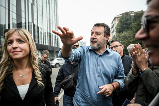 October 10, 2026, Milan, Mi, Italy: Deputy Prime Minister Matteo Salvini and Lega deputy secretary Silvia Sardone at the Lega rally Milan safer, stop social centers. Near the Lambretta Social Center, Via Rizzoli, 10 10 2026 Milan Milan Italy - ZUMAa289 20261010_zia_a289_052 Copyright: xNicolaxMarfisix xAgfx