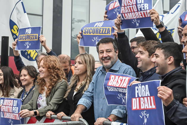 October 10, 2026, Milan, Mi, Italy: Deputy Prime Minister Matteo Salvini and Lega deputy secretary Silvia Sardone at the Lega rally Milan safer, stop social centers. Near the Lambretta Social Center, Via Rizzoli, 10 10 2026 Milan Milan Italy - ZUMAa289 20261010_zia_a289_048 Copyright: xNicolaxMarfisix xAgfx