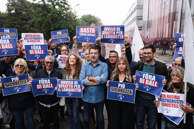 IPA89501896 - Milan: The League™s protest, A Safer Milan, Stop the Social Centers, against the Lambretta Social Center on Via Rizzoli. Pictured: Silvia Sardone (Member of the European Parliament, Lega mayoral candidate in the Milan municipal elections), Matteo Salvini (Lega leader, Italian Minister of Infrastructure and Transportation) Copyright: xAlessandroxBremecx xx IPA89501896