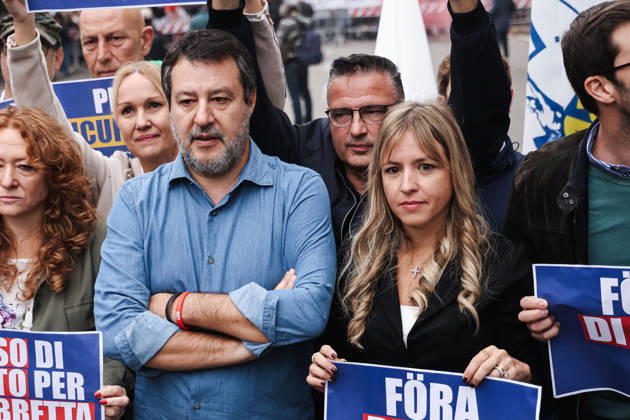 IPA89501901 - Milan: The League™s protest, A Safer Milan, Stop the Social Centers, against the Lambretta Social Center on Via Rizzoli. Pictured: Silvia Sardone (Member of the European Parliament, Lega mayoral candidate in the Milan municipal elections), Matteo Salvini (Lega leader, Italian Minister of Infrastructure and Transportation) Copyright: xAlessandroxBremecx xx IPA89501901