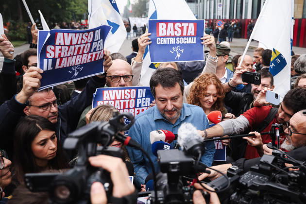 IPA89501922 - Milan: The League™s rally, A Safer Milan, Stop the Social Centers, against the Lambretta Social Center on Via Rizzoli. Pictured: Matteo Salvini (leader of the League, Italian Minister of Infrastructure and Transportation) Copyright: xAlessandroxBremecx xx IPA89501922