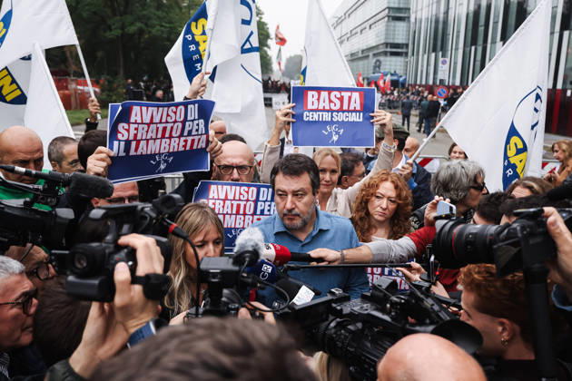 IPA89501923 - Milan: The League™s protest, A Safer Milan, Stop the Social Centers, against the Lambretta Social Center on Via Rizzoli. Pictured: Silvia Sardone (Member of the European Parliament, Lega mayoral candidate in the Milan municipal elections), Matteo Salvini (Lega leader, Italian Minister of Infrastructure and Transport) Copyright: xAlessandroxBremecx xx IPA89501923