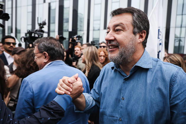 IPA89501928 - Milan: The League™s rally, A Safer Milan, Stop the Social Centers, against the Lambretta Social Center on Via Rizzoli. Pictured: Matteo Salvini (leader of the League, Italian Minister of Infrastructure and Transportation) Copyright: xAlessandroxBremecx xx IPA89501928