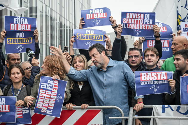 October 10, 2026, Milan, Mi, Italy: Deputy Prime Minister Matteo Salvini and Lega deputy secretary Silvia Sardone at the Lega rally Milan safer, stop social centers. Near the Lambretta Social Center, Via Rizzoli, 10 10 2026 Milan Milan Italy - ZUMAa289 20261010_zia_a289_047 Copyright: xNicolaxMarfisix xAgfx