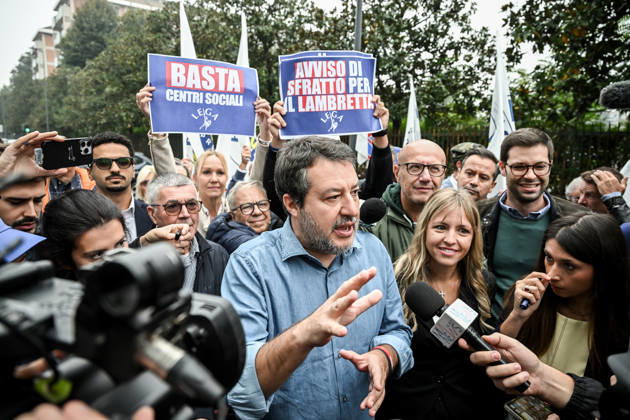 October 10, 2026, Milan, Mi, Italy: Deputy Prime Minister Matteo Salvini and Lega deputy secretary Silvia Sardone at the Lega rally Milan safer, stop social centers. Near the Lambretta Social Center, Via Rizzoli, 10 10 2026 Milan Milan Italy - ZUMAa289 20261010_zia_a289_038 Copyright: xNicolaxMarfisix xAgfx