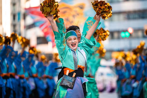 General view, October 10, 2026 - Dancers perform during the eve-of-festival events of the 27th Tokyo Yosakoi Festival in Ikebukuro, Tokyo, Japan, on October 10, 2026. Part of the Fukuro Matsuri celebrations, the event brings together yosakoi dance teams in colorful costumes for energetic performances combining traditional Japanese dance influences with contemporary music and choreography. aflo_354761339