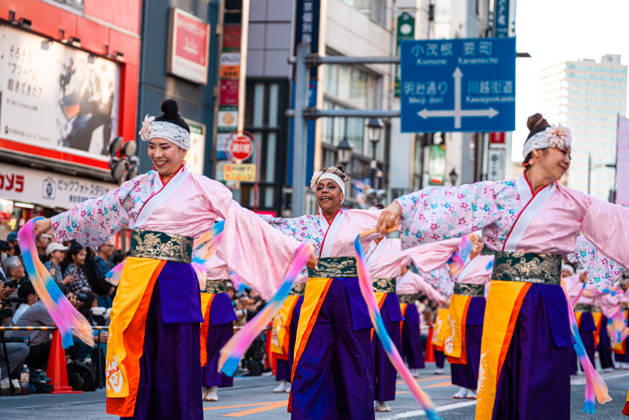 General view, October 10, 2026 - Dancers perform during the eve-of-festival events of the 27th Tokyo Yosakoi Festival in Ikebukuro, Tokyo, Japan, on October 10, 2026. Part of the Fukuro Matsuri celebrations, the event brings together yosakoi dance teams in colorful costumes for energetic performances combining traditional Japanese dance influences with contemporary music and choreography. aflo_354761364