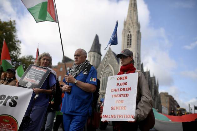 Thousands of pro-Palestine demonstrators gather in Dublin DUBLIN, IRELAND - OCTOBER 10: Thousands of pro-Palestine demonstrators gather in Dublin, Ireland, on October 10, 2026, for a national march marking three years since the October 7 attacks and the subsequent war in Gaza. Organized by the Ireland-Palestine Solidarity Campaign, the protest calls for sanctions against Israel and greater action by the Irish government, with demonstrators marching from the Garden of Remembrance towards the Dail. Mostafa Darwish Anadolu Dublin Ireland. Editorial use only. Please get in touch for any other usage.  Copyright: x2026xAnadoluxMostafaxDarwishx