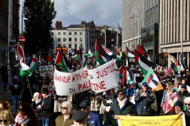Thousands of pro-Palestine demonstrators gather in Dublin DUBLIN, IRELAND - OCTOBER 10: Thousands of pro-Palestine demonstrators gather in Dublin, Ireland, on October 10, 2026, for a national march marking three years since the October 7 attacks and the subsequent war in Gaza. Organized by the Ireland-Palestine Solidarity Campaign, the protest calls for sanctions against Israel and greater action by the Irish government, with demonstrators marching from the Garden of Remembrance towards the Dail. Mostafa Darwish Anadolu Dublin Ireland. Editorial use only. Please get in touch for any other usage.  Copyright: x2026xAnadoluxMostafaxDarwishx