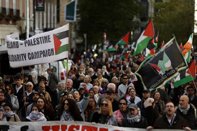 Thousands of pro-Palestine demonstrators gather in Dublin DUBLIN, IRELAND - OCTOBER 10: Thousands of pro-Palestine demonstrators gather in Dublin, Ireland, on October 10, 2026, for a national march marking three years since the October 7 attacks and the subsequent war in Gaza. Organized by the Ireland-Palestine Solidarity Campaign, the protest calls for sanctions against Israel and greater action by the Irish government, with demonstrators marching from the Garden of Remembrance towards the Dail. Mostafa Darwish Anadolu Dublin Ireland. Editorial use only. Please get in touch for any other usage.  Copyright: x2026xAnadoluxMostafaxDarwishx