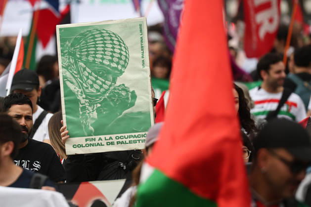 Santiago, October 10, 2026: March for Palestine organized by the Global Action for Palestine (GAFP) alliance along Alameda Street in downtown Santiago. Dragomir Yankovic, Aton Chile, Santiago, Chile. Aton 1198355  Copyright: DRAGOMIRxYANKOVIC ATONxCHILE