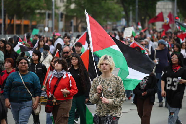 Santiago, October 10, 2026: March for Palestine organized by the Global Action for Palestine (GAFP) alliance along Alameda Street in downtown Santiago. Dragomir Yankovic, Aton Chile, Santiago, Chile. Aton 1198369  Copyright: DRAGOMIRxYANKOVIC ATONxCHILE