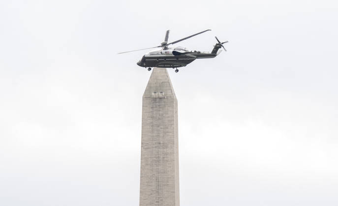 DC: Trump Departs for Clarksville, TN The new Marine One, a Sikorsky VH-92A Patriot helicopter, with United States President Donald J Trump aboard, flies past the Washington Monument as it departs the South Lawn of the White House in Washington, DC, USA, en route Clarksville, Tennessee on Saturday, October 10, 2026. The President will participate in a campaign rally for Tennessee Republican candidates on the ballot in November. Credit: Ron Sachs Pool via CNP Washington District of Columbia United States  Copyright: xPool ABACAx